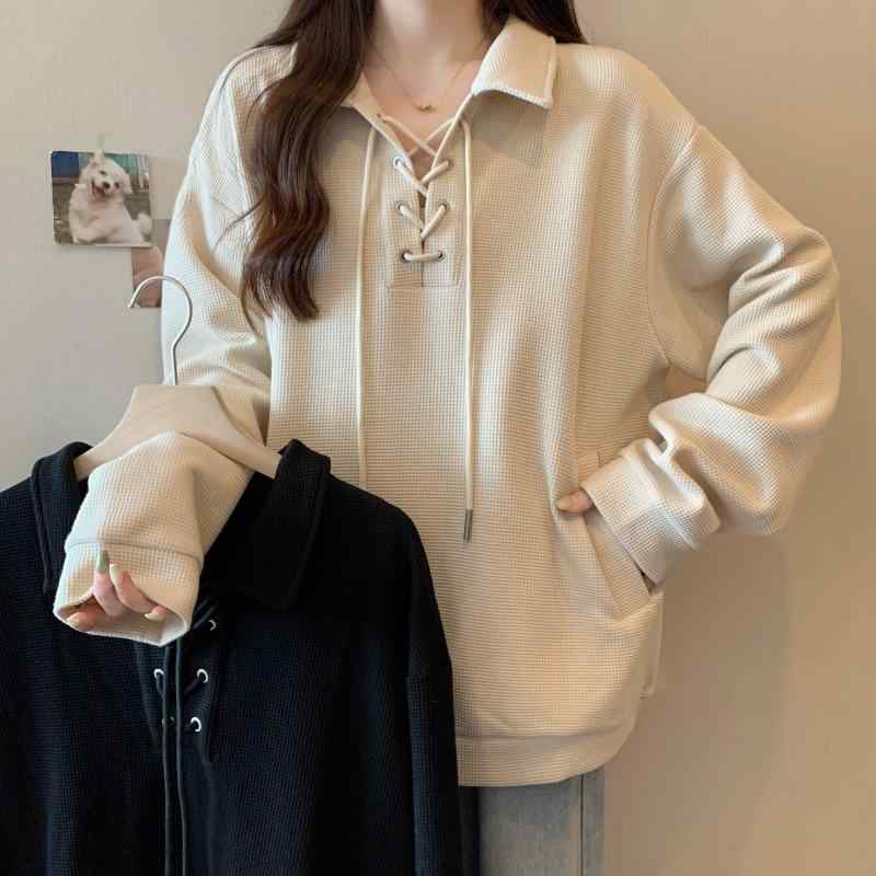 秋コーデ レディース ファッション ミドル丈 ポロ カラー ショルダー スウェット シャツ ゆったり トップス
