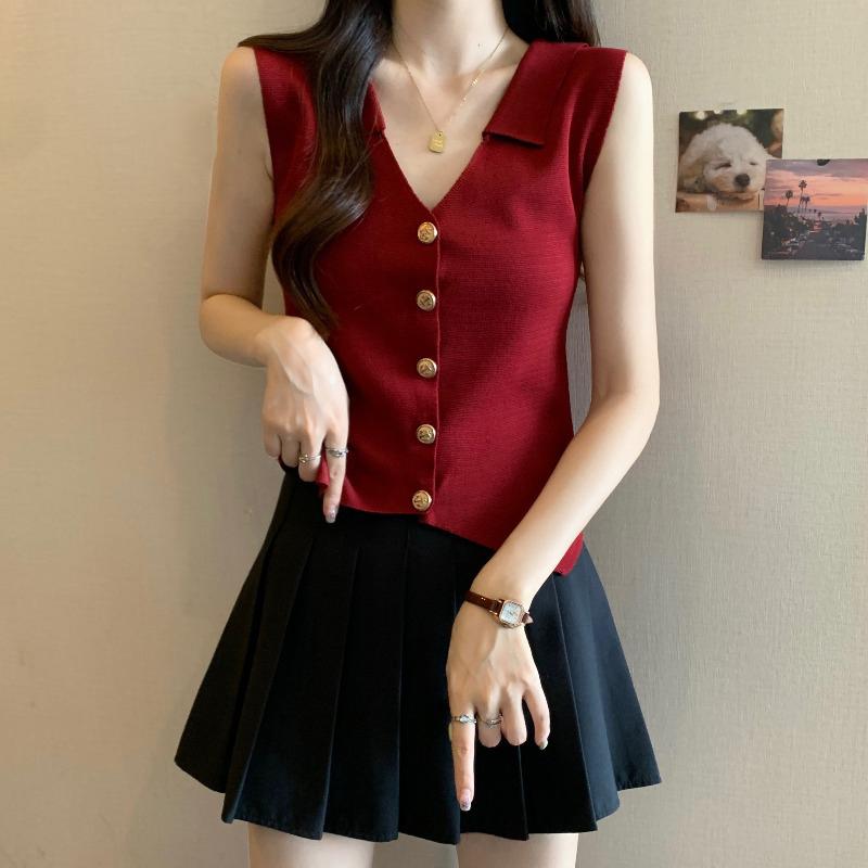 秋コーデ レディース ファッション 赤 ポロ カラー ニット ベスト 女性用 アウター 大きいサイズ ハイエンド ノースリーブ トップス