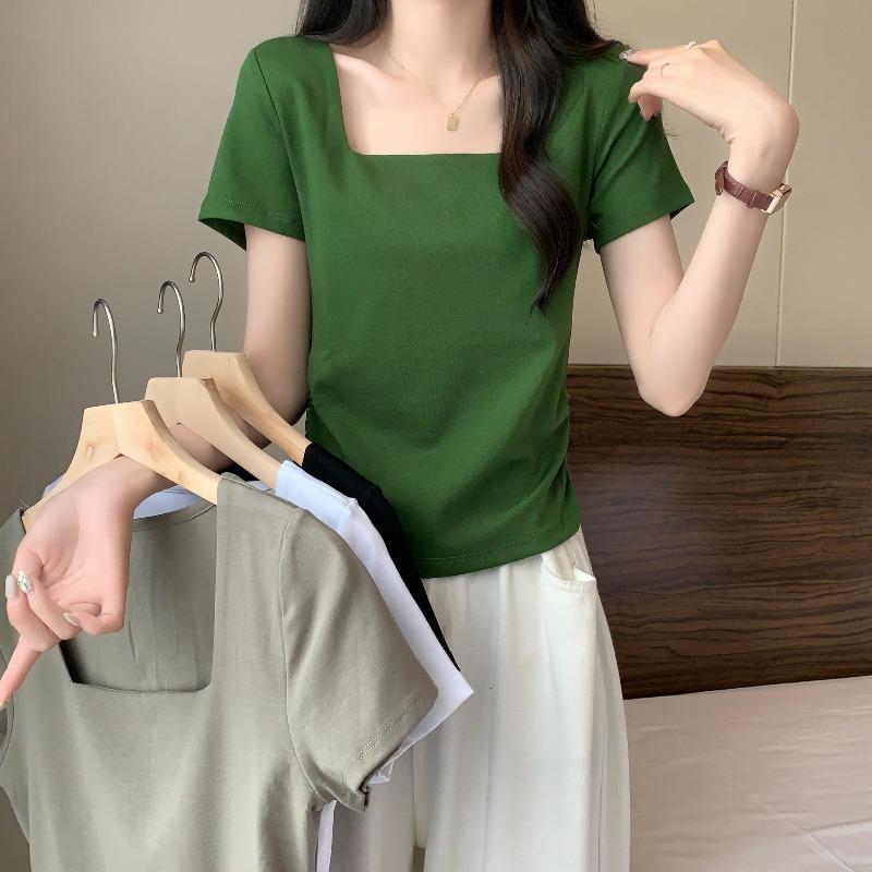 秋コーデ レディース ファッション グリーン スクエアネック ストレート ショルダー 半袖 Tシャツ 大きいサイズ スリム ウエスト お トップス