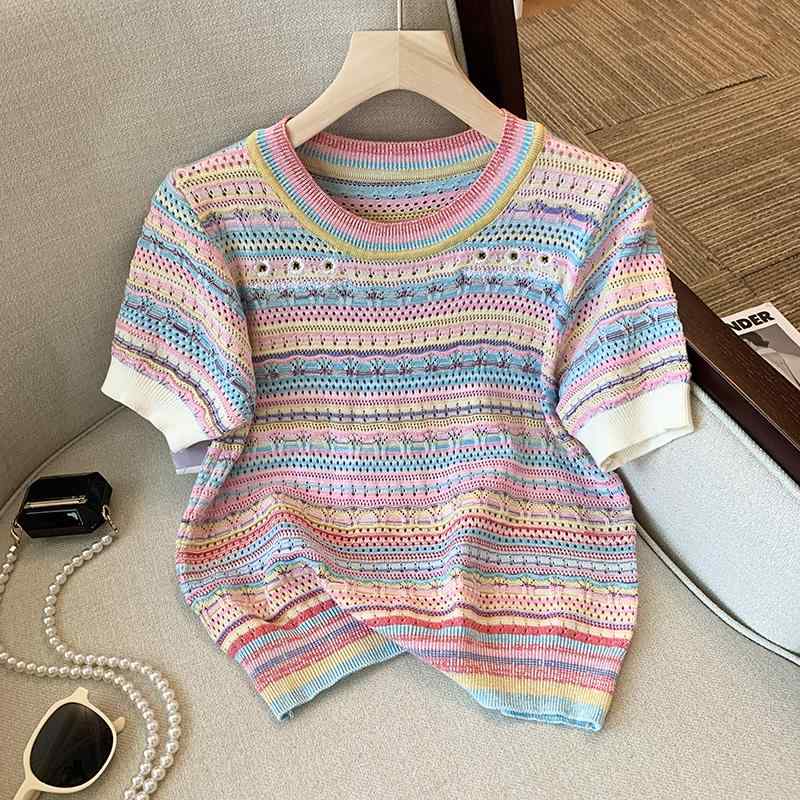 秋コーデ レディース ファッション 女性用 薄手 ストライプ 半袖 Tシャツ ゆったり ニット セーター トップス ｜リコット
