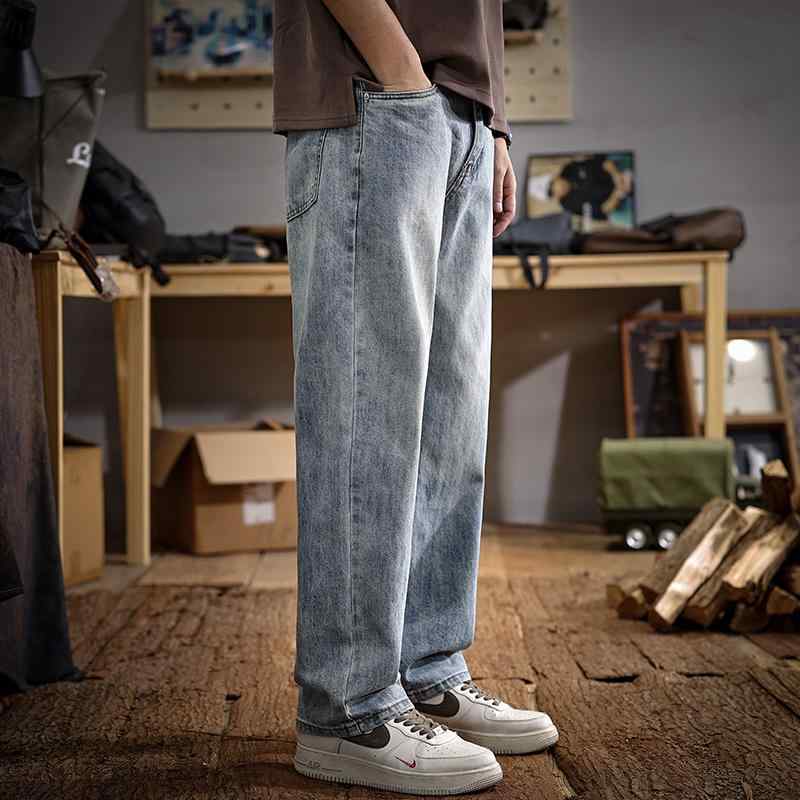 メンズ ファッション 服 男性用 オシャレ シンプル 大人 かっこいい ストリート 春 ハイエンド アメリカン ライトブルー ジーンズ ストレート ドレープワイドレッグ パンツ カジュアル