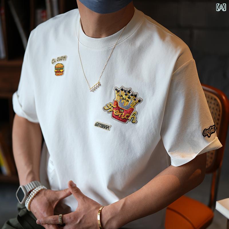 メンズ ファッション 服 男性用 オシャレ シンプル 大人 かっこいい 大きいサイズ ストリート 紳士服 アメリカンパッチ 刺繍 ラウンドネック シャツ 春 カジュアル 半袖 T シャツ