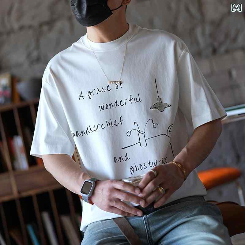 メンズ ファッション 服 男性用 オシャレ シンプル 大人 かっこいい 大きいサイズ ストリート 紳士服 ファッション レター プリント ラウンドネック ドロップ ショルダー 夏 半袖 T シャツ｜リコット
