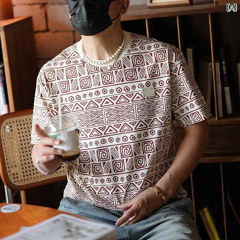 メンズ ファッション 服 男性用 オシャレ シンプル 大人 かっこいい 大きいサイズ ストリート 紳士服 スタイル カジュアル 幾何学 プリント 半袖 T シャツ 夏 レトロ ラウンドネック 半袖 トップス