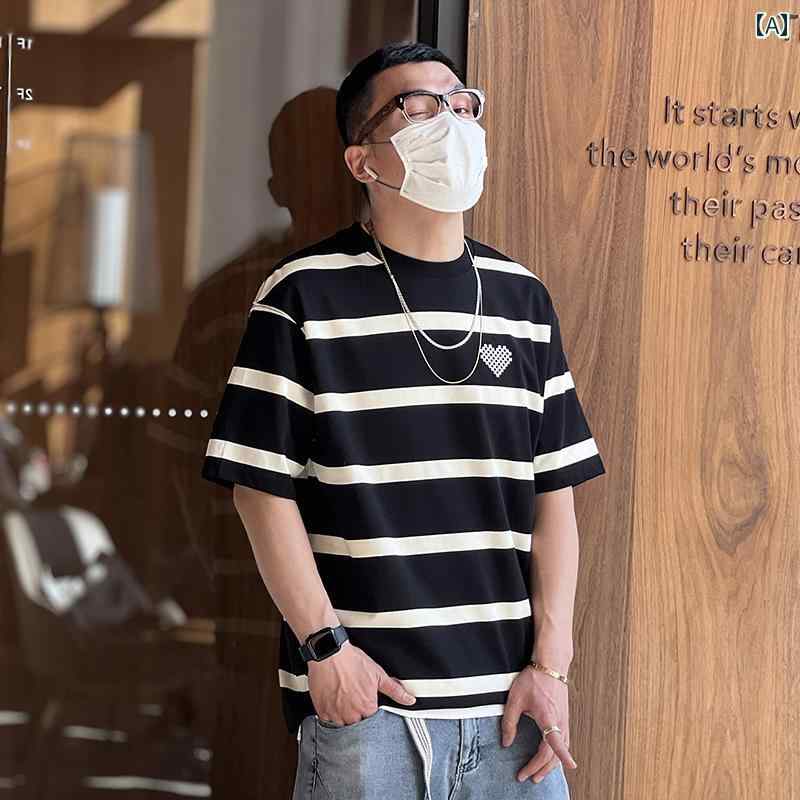 メンズ ファッション 服 男性用 オシャレ シンプル 大人 かっこいい 大きいサイズ ストリート 紳士服 レトロ 刺繍 愛 半袖 T シャツ 夏 ハイエンド ストライプ シンプル カップル T シャツ