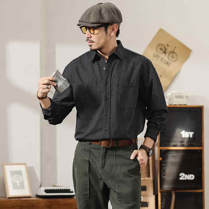 メンズ 流行り物 服 成人男性用 オシャレ 分かりやすい 成年者 かっこいい 表どおり レトロ プルオーバー 長袖 ゆったり 密集して オックスフォード 紡績 綿織物 縞模様 プルオーバー