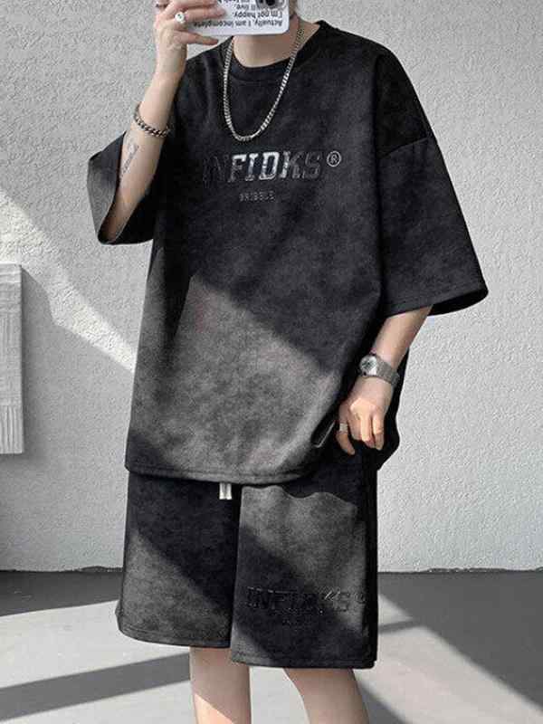メンズ ファッション 服 男性用 オシャレ シンプル 大人 かっこいい ストリート レトロ ダーティースーツ 夏 ゆったり アメリカン カジュアル スポーツ Tシャツ 半袖 パンツ タイダイ ツーピーススーツ