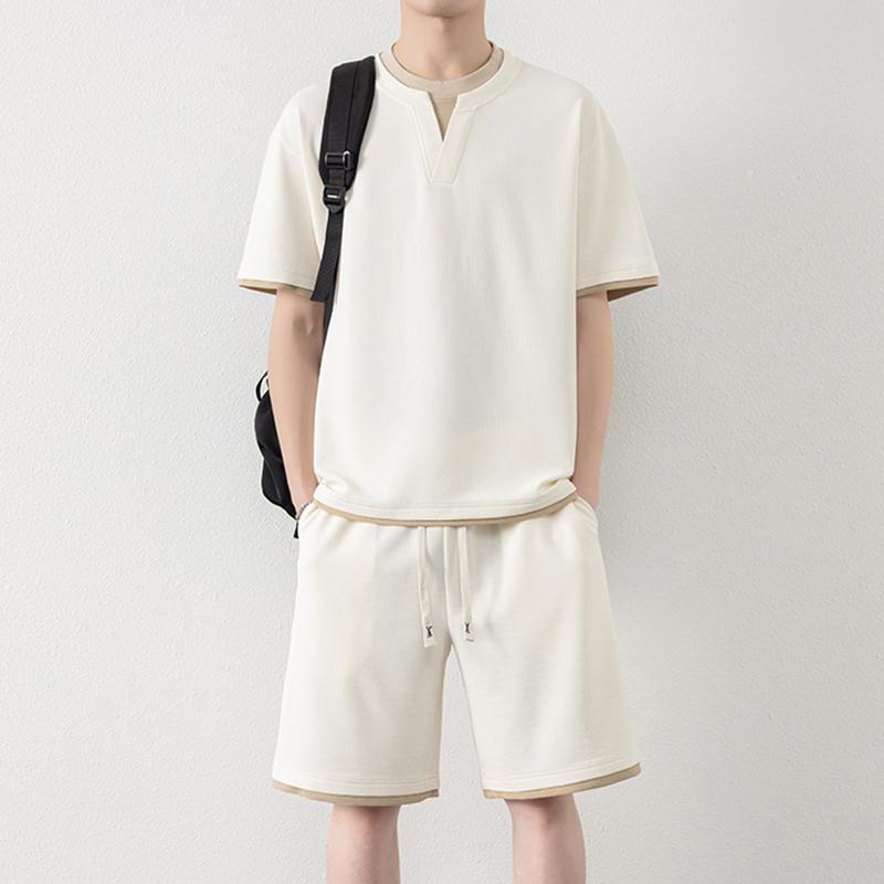 メンズ ファッション 服 男性用 オシャレ シンプル 大人 かっこいい ストリート フェイクツーピース Vネック 半袖 スーツ 夏 カジュアル 冷感 Tシャツ 五分丈 パンツ