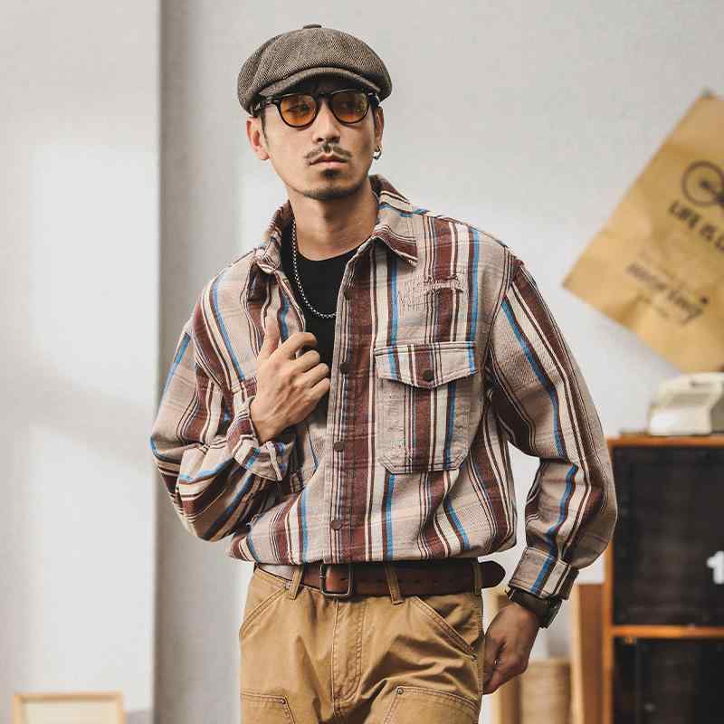 メンズ 流行り物 服 成人男性用 オシャレ 分かりやすい 成年者 かっこいい 表どおり ハイエンド アメリカン レトロ プルオーバー 秋 表現スタイル 心地よい 縞模様 プルオーバー 上衣 綿