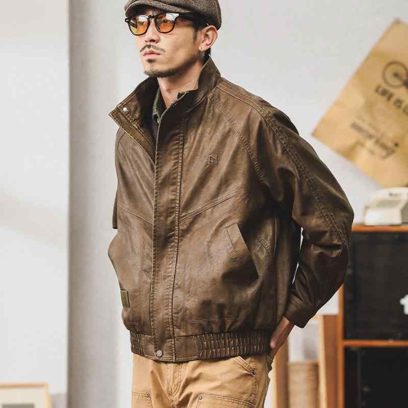 メンズ ファッション 服 男性用 オシャレ シンプル 大人 かっこいい ストリート レトロ レザー ジャケット ゆったり カジュアル レザー ジャケット 秋 スタンドカラー バイクスーツ |リコット
