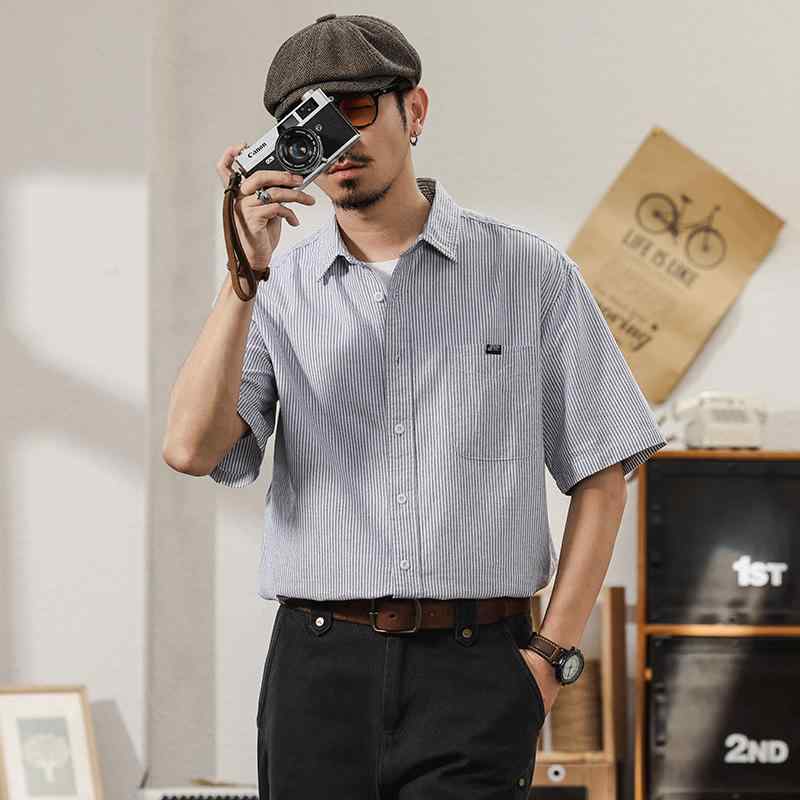メンズ ファッション 服 男性用 オシャレ シンプル 大人 かっこいい ストリート ストライプ 半袖 シャツ シンプル カジュアル ハイエンド コットン 夏