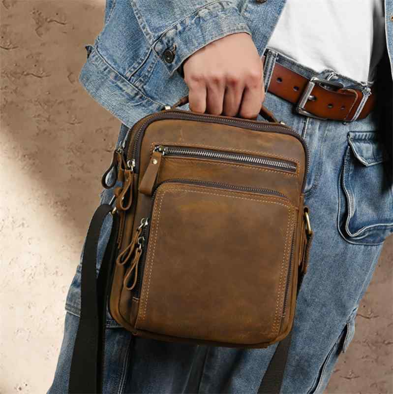メンズ ファッション オシャレ アイテム 小物 第一層 レザー ショルダー バッグ 大容量 収納 バッグ タブレット バッグ クロスボディ メッセンジャー バッグ