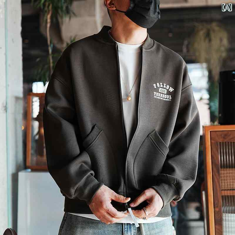 メンズ ファッション 服 男性用 オシャレ シンプル 大人 かっこいい 大きいサイズ ストリート 紳士服 レター 刺繍 アメリカン ストリート スタンドカラー ジャケット ヘビーウェイト カジュアル スウェットシャツ