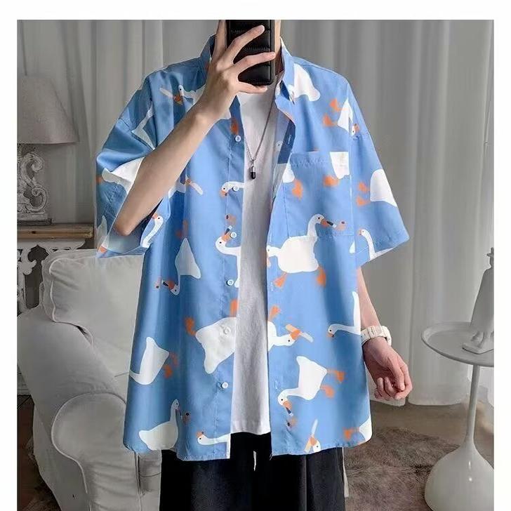 メンズ ファッション 服 男性用 オシャレ シンプル 大人 かっこいい ストリート 秋コーデ 夏 物 ゆったり サイズ 男女兼用 五分袖 シャツ ガチョウ プリント スタイリング