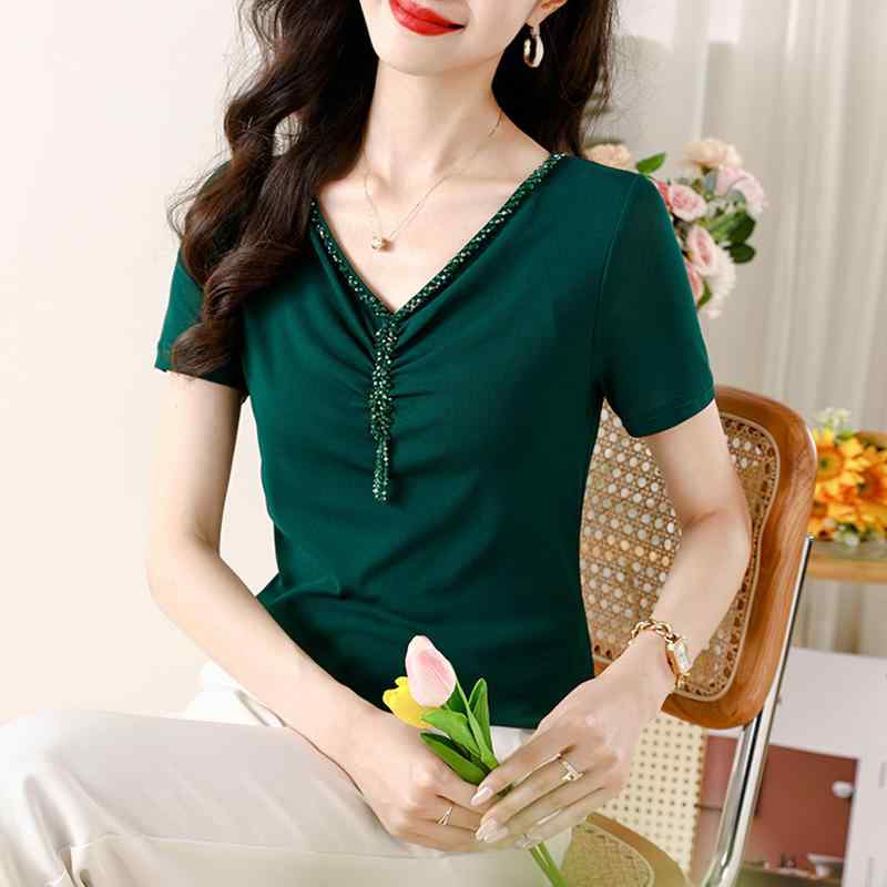 秋コーデ レディース ファッション 女性用 メッシュ 半袖 Tシャツ スリムフィット Vネック ボディ シャツ トップス