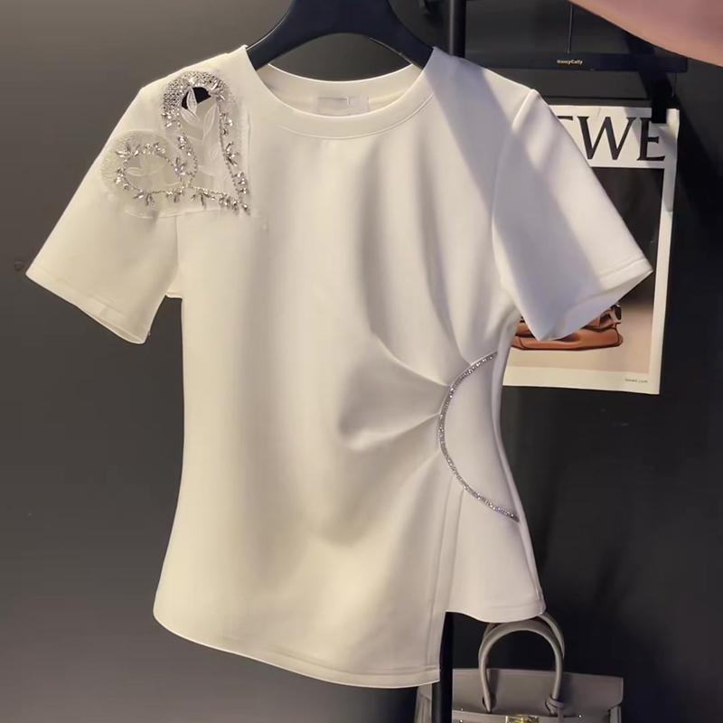 秋コーデ レディース ファッション 白 ストレート ショルダー 半袖 Tシャツ 大きいサイズ スリム トップス