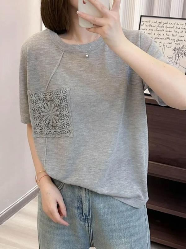 秋コーデ レディース ファッション ハイエンド コットン グレー ストレート ショルダー 半袖 Tシャツ 大きいサイズ スリミング トップス