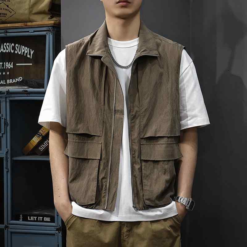 メンズ ファッション 服 男性用 オシャレ シンプル 大人 かっこいい ストリート レトロ テンセル 薄手 ウエスト コート ベスト ワークウェア スタンドカラー ノースリーブ ジャケット