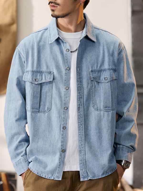 メンズ 流行り物 服 成人男性用 オシャレ 分かりやすい 成年者 かっこいい 表どおり ハイエンド ともし火青味 ジーンズ プルオーバー 上衣 春 秋 ゆったり ウォッシュ プルオーバー