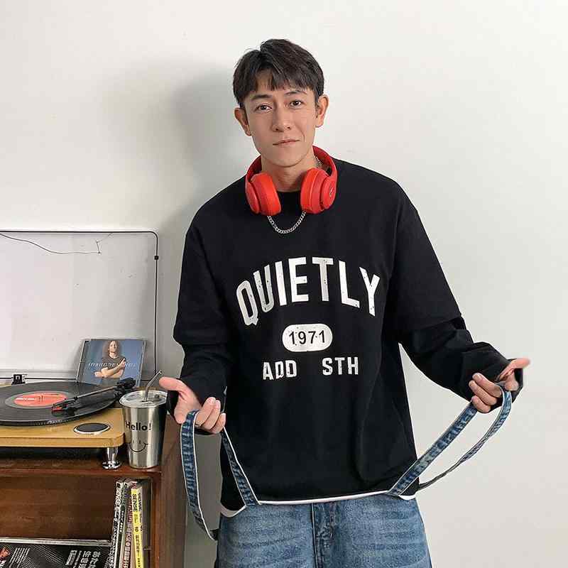 秋　冬 コーデ メンズ 服 シンプル ファッション オシャレ 大人 かっこいい 大きいサイズ ストリート 紳士服 アメリカン ストリート フェイク ツーピース スウェットシャツ レター プリント シャツ トップス