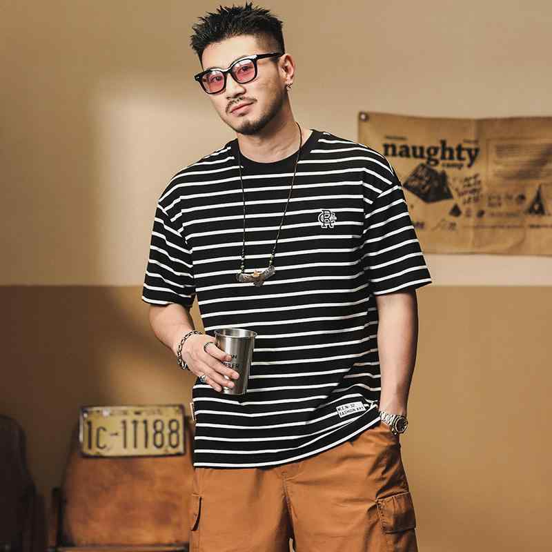 メンズ ファッション 服 男性用 オシャレ シンプル 大人 かっこいい ストリート アメリカン 綿 半袖 Tシャツ セーラー ユニセックス ストライプ ドロップ ショルダー ラウンドネック トップス