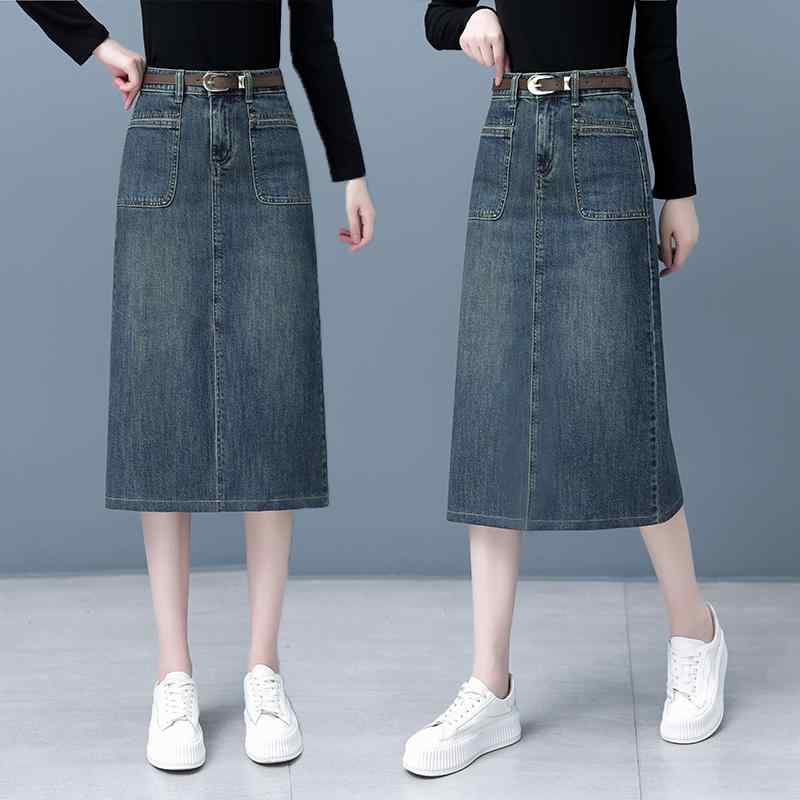 秋コーデ レディース ファッション ストレート デニム スカート 春　秋 ハイウエスト バックスリット ミディアム ワンステップ スカート