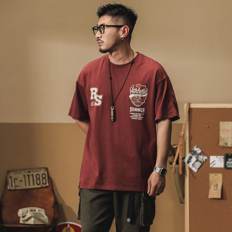 メンズ ファッション 服 男性用 オシャレ シンプル 大人 かっこいい ストリート プリント マウンテン ワイン レッド Tシャツ 半袖 ゆったり ラウンドネック 大きいサイズ