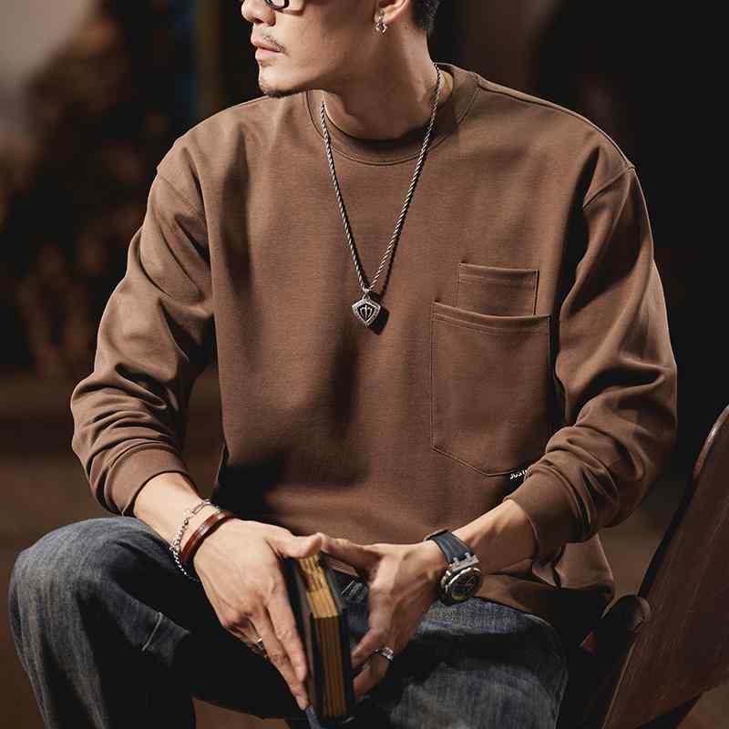 メンズ ファッション 服 男性用 オシャレ シンプル 大人 かっこいい ストリート ダブル ポケット 長袖 Tシャツ ラウンドネック アメリカン ヘビー スウェットシャツ