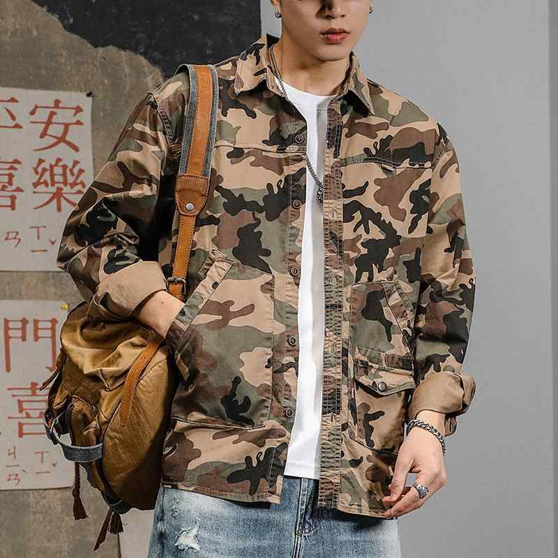 メンズ ファッション 服 男性用 オシャレ シンプル 大人 かっこいい ストリート アメリカン レトロ 迷彩 ワークシャツ 長袖 カーキ ゆったり マルチ ポケット カジュアル デニムジャケット