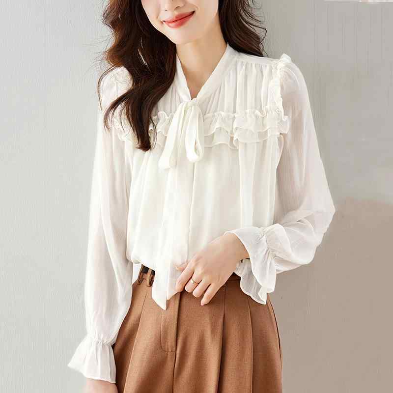 秋コーデ レディース ファッション フレンチ 長袖 シフォン シャツ 春 トップス シック シャツ