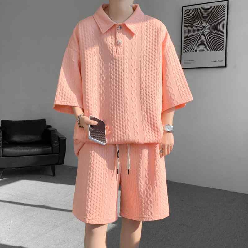 メンズ ファッション 服 男性用 オシャレ シンプル 大人 かっこいい ストリート ツイスト 半袖 スーツ 夏 ニュートラル スタイル ピンク Tシャツ パンツ
