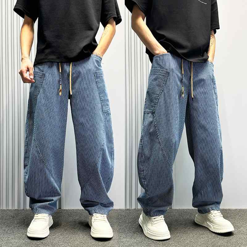 メンズ 流行り物 服 成人男性用 オシャレ 分かりやすい 成年者 かっこいい 表どおり  アメリカン ウォッシュ産業 嚠喨たる 填まる 縞模様 デニム 夏 ゆったり ワイドレッグ 細工物お召しもの シックル ズボン下 ズボン 履きもの