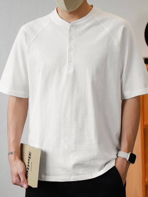 メンズ ファッション 服 男性用 オシャレ シンプル 大人 かっこいい ストリート レトロ ヘンリー カラー 綿 ホワイト 半袖 Tシャツ 夏 アメリカン