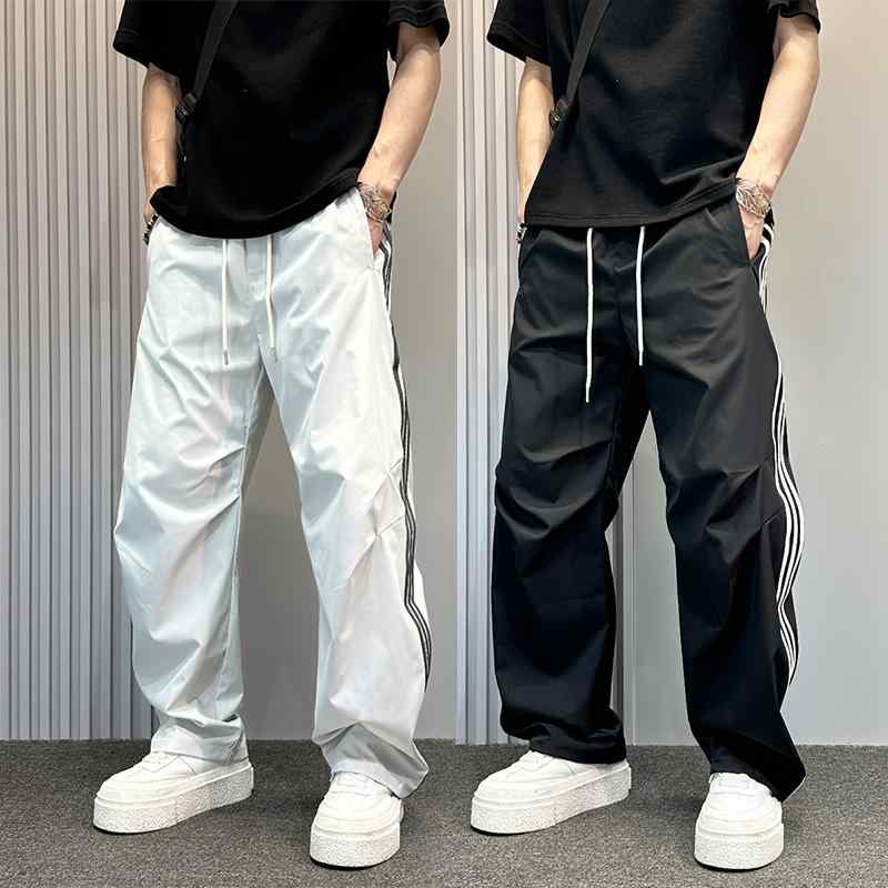 メンズ 流行り物 服 成人男性用 オシャレ 分かりやすい 成年者 かっこいい 表どおり  夏 薄っぺら 縞模様 速乾 運動競技 ズボン下 ズボン 履きもの ゆったり 引っ切り無い ワイドレッグ
