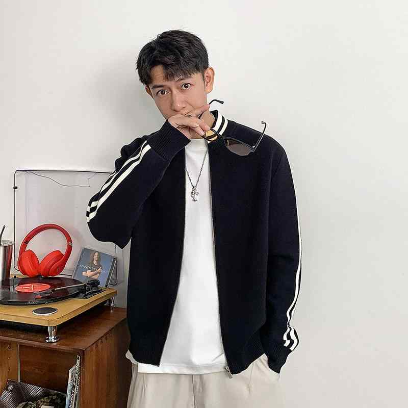 秋　冬 コーデ メンズ 服 シンプル ファッション オシャレ 大人 かっこいい 大きいサイズ ストリート 紳士服 アメリカン ハイエンド カラー ブロック ストライプ カーディガン セーター カジュアル ジャケット