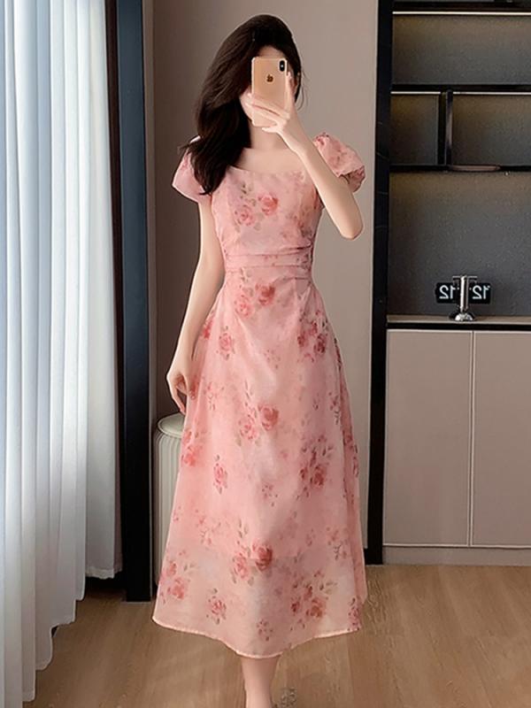 秋コーデ レディース 流行り物 フレンチ 半袖 酉の方角 花柄 シフォン 御召しもの か細い相応う 御機嫌酉の方角 刷り上げる ロング スコート