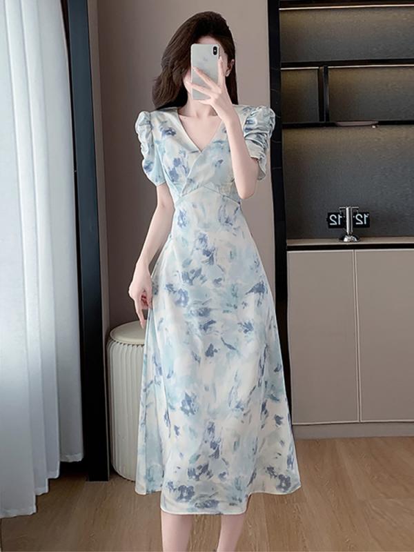 秋コーデ レディース 流行り物 フレンチ ハイエンド Vのど首 刷り上げる シフォン 御召しもの ジャカード パフ衣袂 A伝達ルート ロング スコート