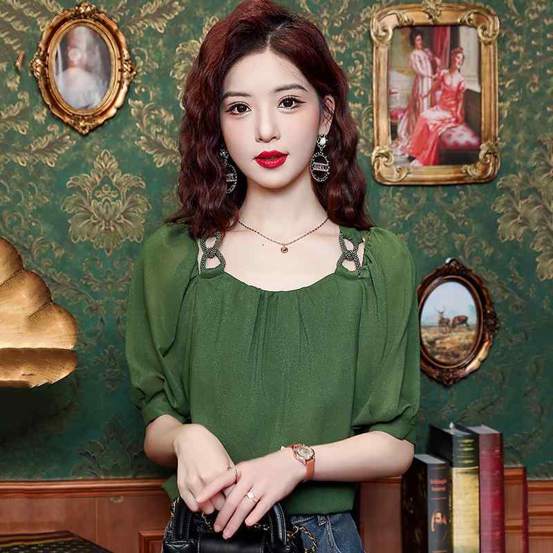秋コーデ レディース ファッション フレンチ ハイエンド 半袖 シフォン シャツ サマー スタイル シック トップス