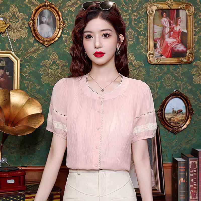 秋コーデ レディース ファッション フレンチ ラウンドネック 半袖 シフォン シャツ 女性用 シャツ
