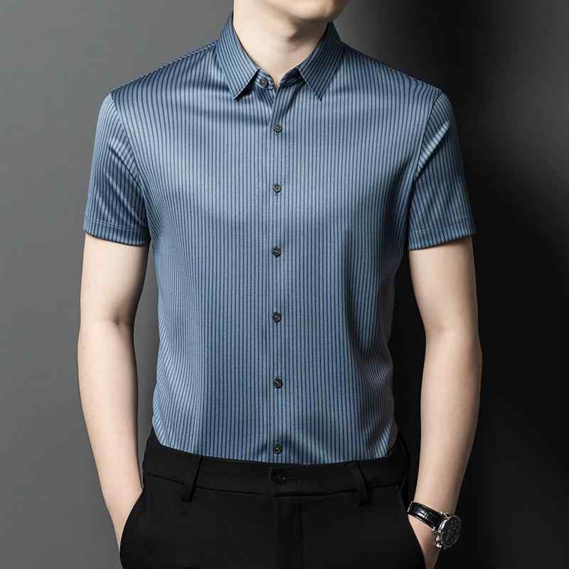 メンズ ファッション 服 男性用 オシャレ シンプル 大人 かっこいい ストリート 軽量 ハイエンド シームレス 半袖 シャツ ビジネス 縦縞 冷感 |リコット