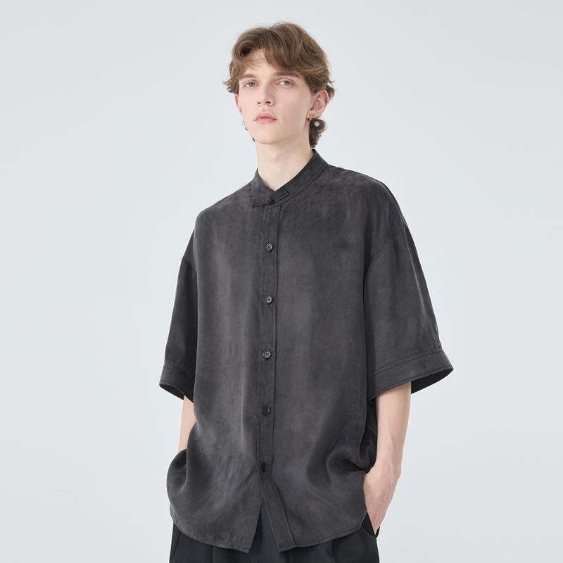メンズ ファッション 服 男性用 オシャレ シンプル 大人 かっこいい ストリート ジャケット ボタン アセテート 唐装 スタンドカラー レトロ 半袖 シャツ
