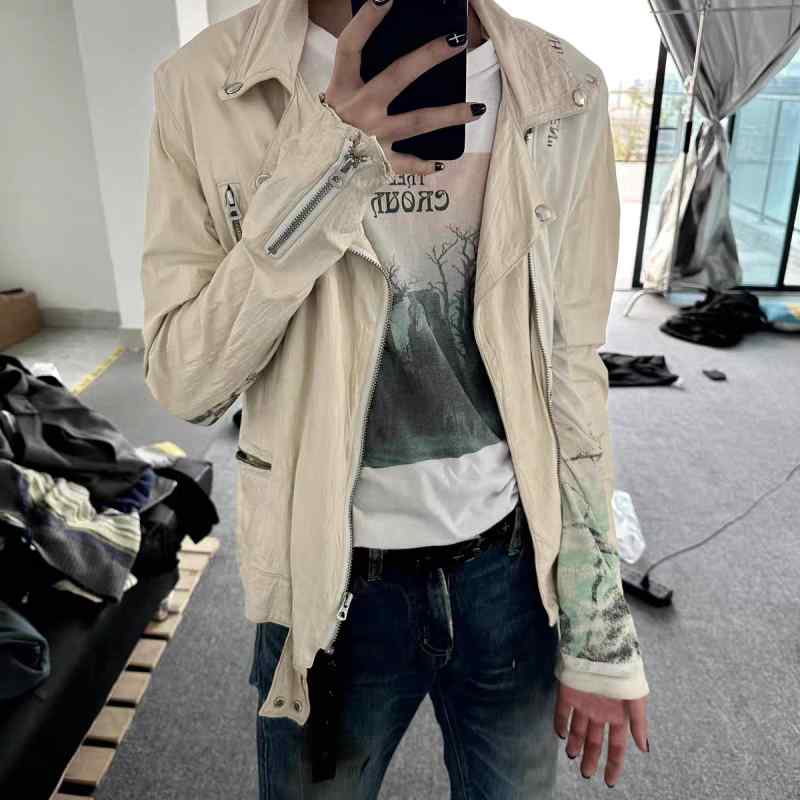 メンズ 流行り物 服 成人男性用 オシャレ 分かりやすい 成年者 かっこいい 表どおり  白いこと PUなめし革 上衣 二層 牛皮 ぬい目 ライダースジャケット
