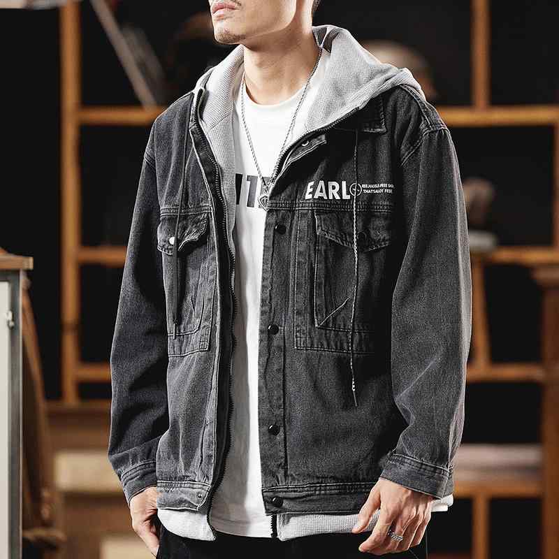 秋　冬 コーデ メンズ 服 シンプル ファッション オシャレ 大人 かっこいい 大きいサイズ ストリート 紳士服 アメリカン フェイク ツーピース デニム ジャケット レトロ ハイエンド フード付き ジャケット