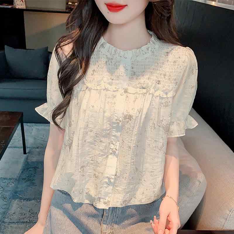 秋コーデ レディース ファッション フリル 花柄 半袖 シフォン シャツ ハイエンド シック トップス スス シャツ スタイリッシュ