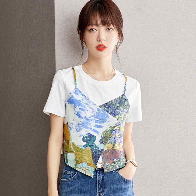 秋コーデ レディース ファッション フェイク ツーピース 半袖 Tシャツ プリント トップス