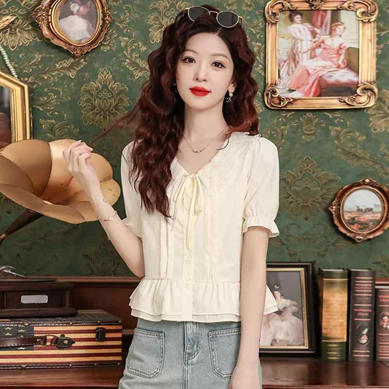 秋コーデ レディース ファッション 女性用 ハイエンド 半袖 シフォン シャツ エレガント ウエスト スリミング トップス