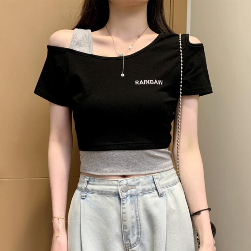 秋コーデ レディース ファッション 女性用 フェイク ツーピース オフショルダー 半袖 Tシャツ スリム ハイウエスト スリミング トップス
