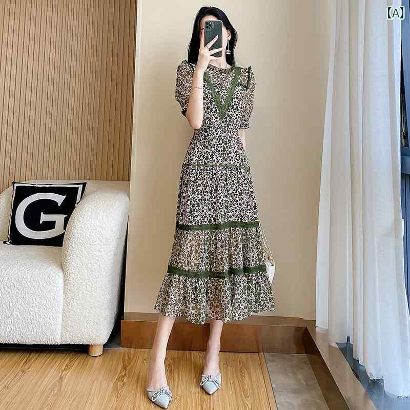 レディース ファッション 服 オシャレ カワイイ 女性用 シンプル 大人カワイイ 大きいサイズ 婦人服 フレンチ シフォン 花柄 ドレス 夏 スリム ハイエンド ロング スカート|リコット