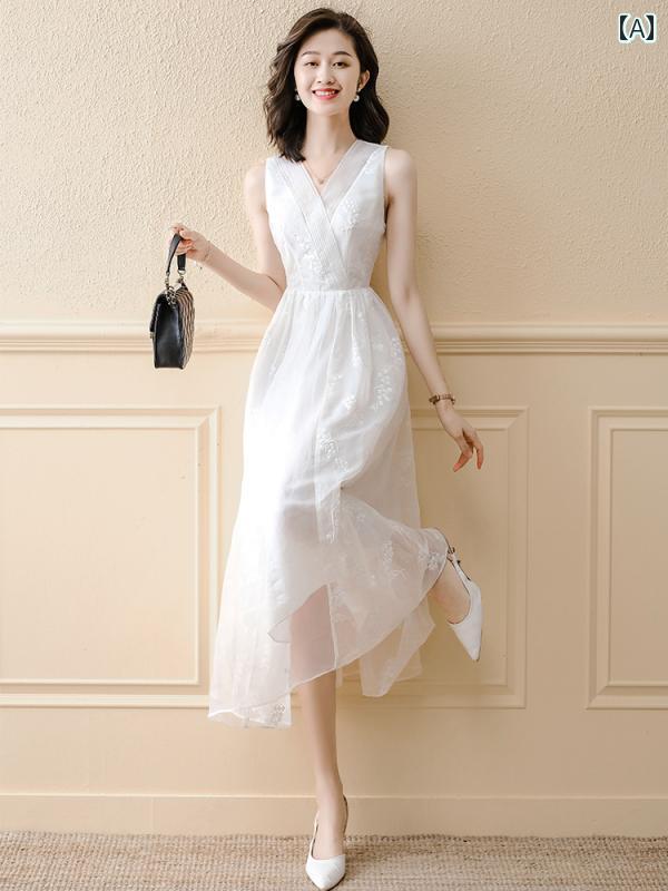レディース ファッション 服 オシャレ カワイイ 女性用 シンプル 大人カワイイ 大きいサイズ 婦人服 シフォン フレンチ ホワイト ドレス 夏 スリム ウエスト ロング スカート|リコット