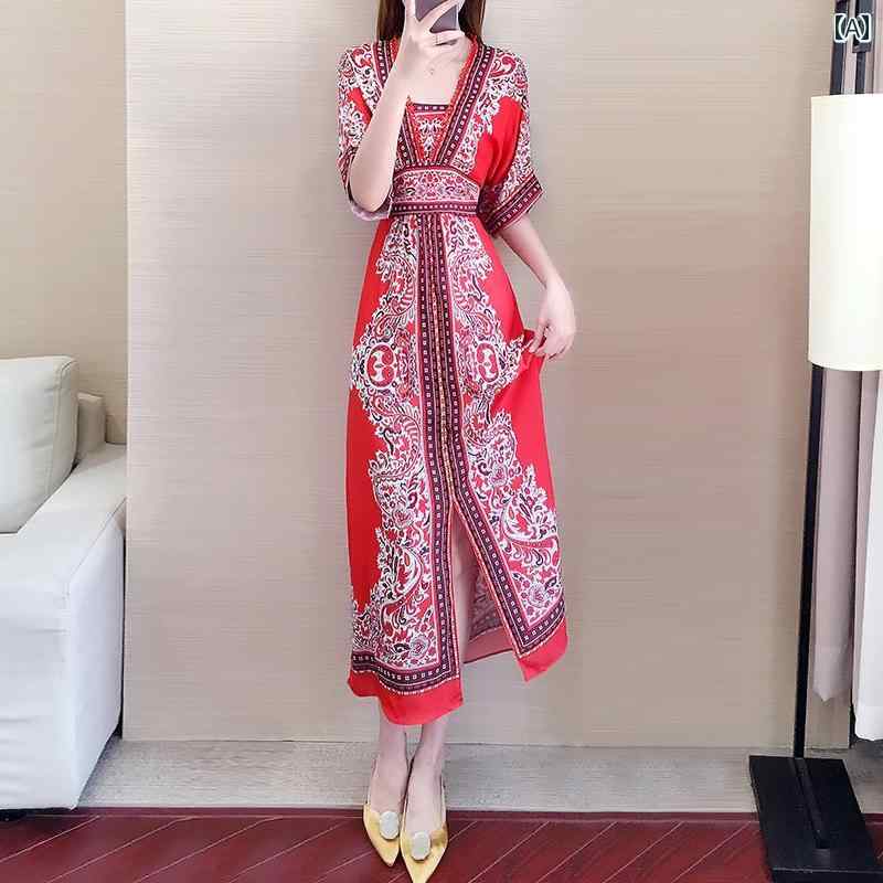 レディース ファッション 服 オシャレ カワイイ 女性用 シンプル 大人カワイイ 大きいサイズ 婦人服 夏 花柄 シフォン ドレス 夏 エスニック アジアン ドレス スカート ウエスト スリム｜リコット